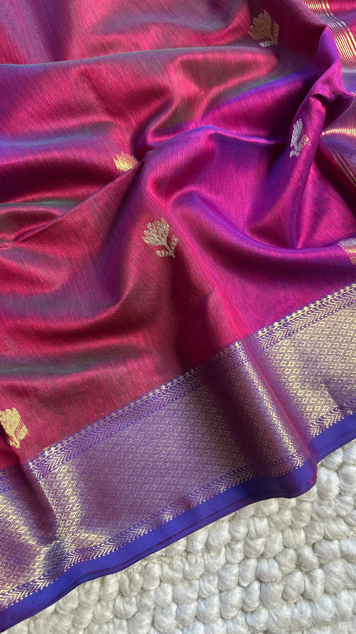 MAGENTA AND BLUE DUAL TONE- PREMIUM HANDWOVEN MAHESHWARI SILK BY COTTON SAREE (DISPATCH IN 7-10 DAYS)