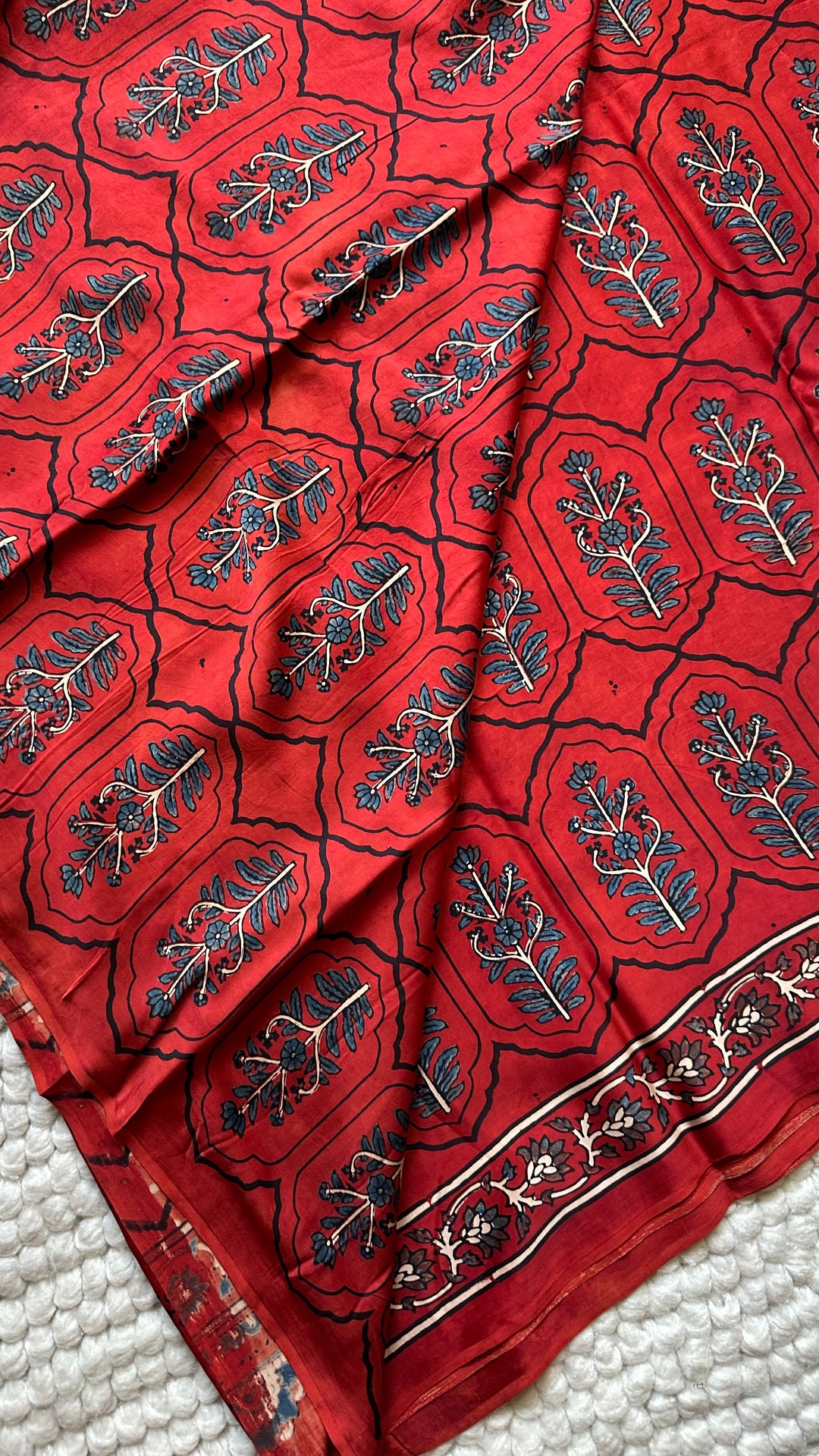JHAROKHA- MADDER RED AJRAKH HAND BLOCK PRINTED PREMIUM MODAL SILK SAREE