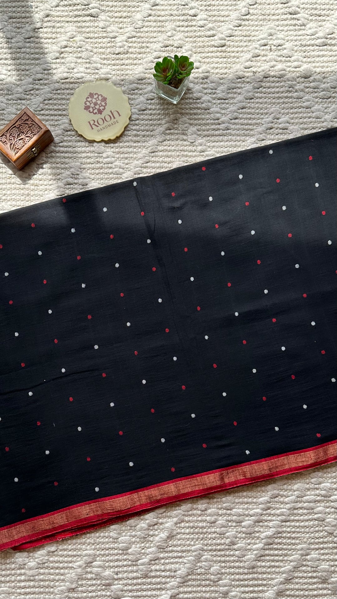 PREMIUM JAMDANI WEAVE HANDWOVEN AND HANDSPUN COTTON SAREE -  POLKA DOTS ON MIDNIGHT BLACK