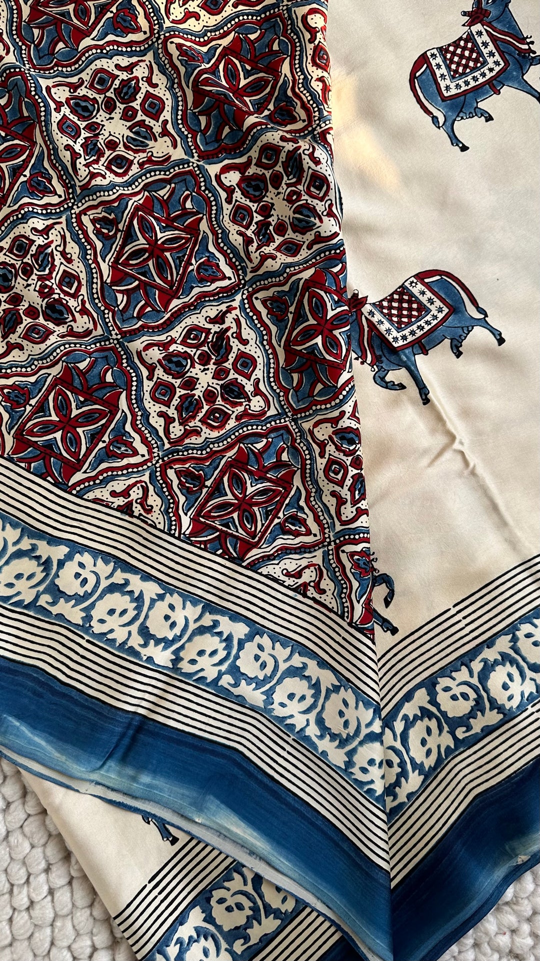 IVORY AND INDIGO PICHWAI  - AJRAKH HAND BLOCK PRINTED PREMIUM MODAL SILK SAREE (ONLY AVAILABLE ON PRE-ORDER - DISPATCH TIME IS 30-35 DAYS)
