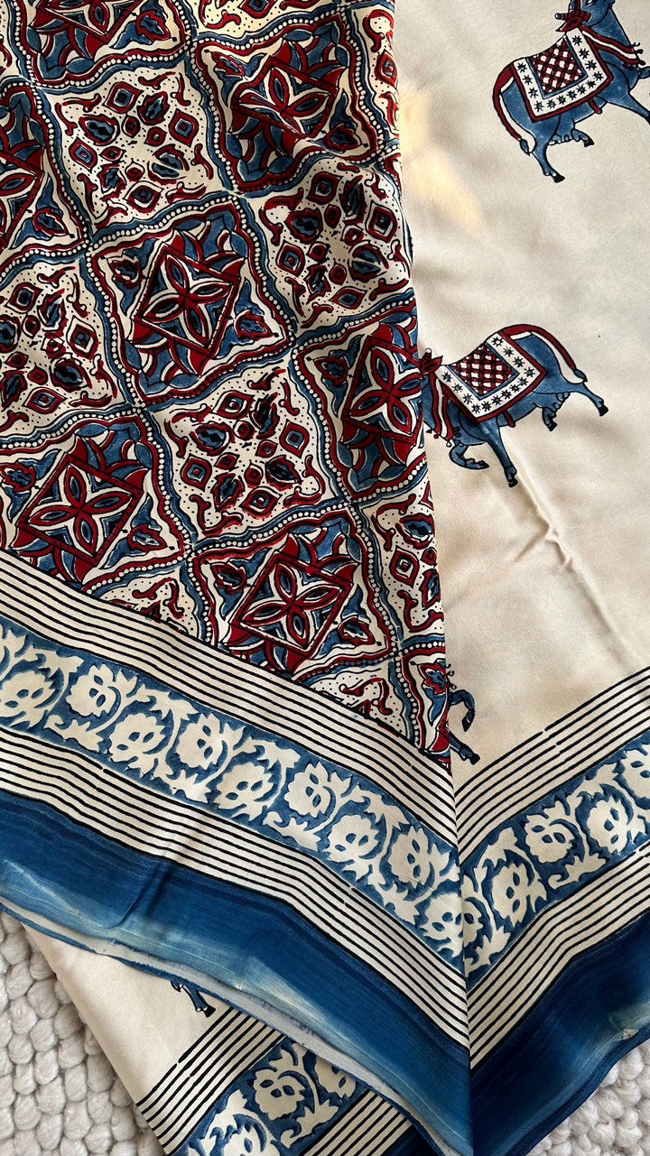IVORY AND INDIGO PICHWAI  - AJRAKH HAND BLOCK PRINTED PREMIUM MODAL SILK SAREE (ONLY AVAILABLE ON PRE-ORDER - DISPATCH TIME IS 30-35 DAYS)