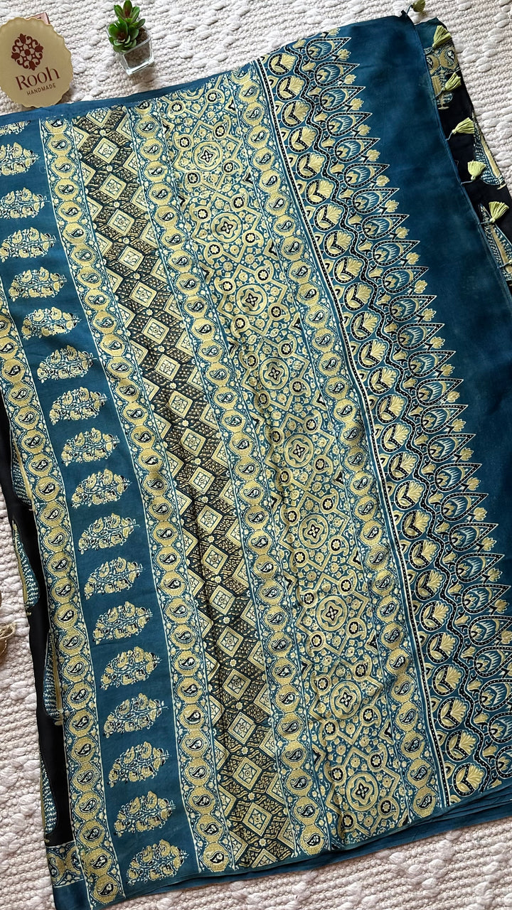 MIDNIGHT PINES - SUPER PREMIUM & BUTTERY SOFT AJRAKH HAND BLOCK PRINTED MODAL SILK SAREE