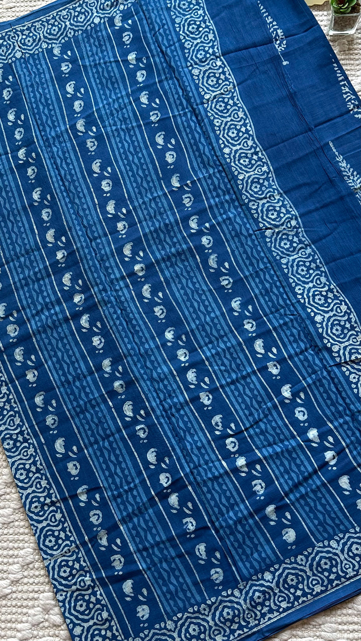 AKOLA INDIGO HAND BLOCK DABU PRINTED SOFT MULMUL COTTON SAREE- 016