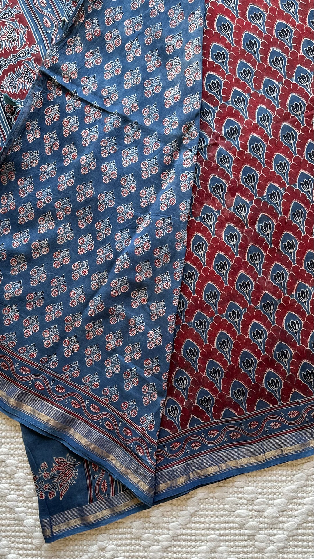 LOTUS PANES - MADDER RED AND INDIGO AJRAKH HAND BLOCK PRINTED SILK COTTON SAREE
