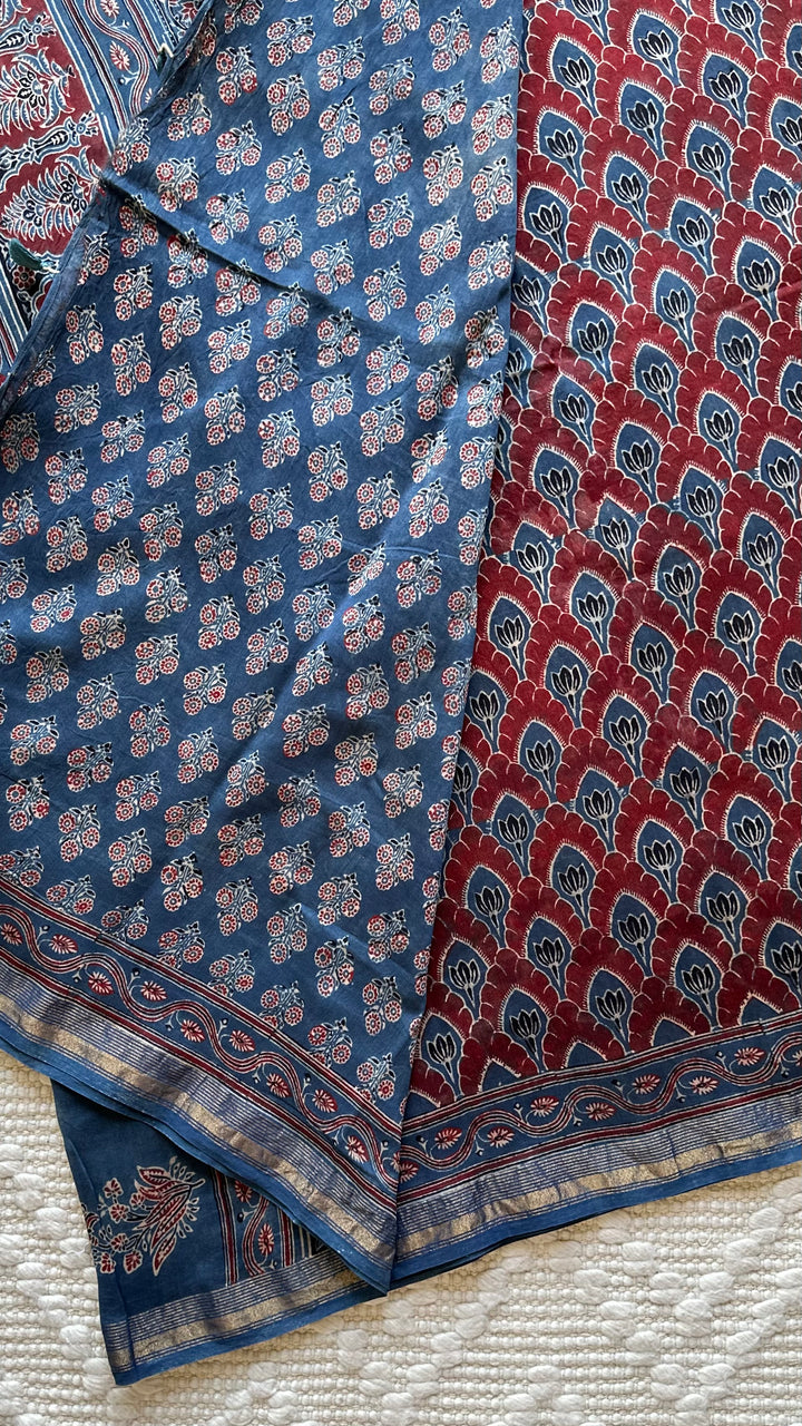 LOTUS PANES - MADDER RED AND INDIGO AJRAKH HAND BLOCK PRINTED SILK COTTON SAREE