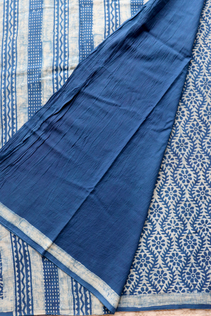 AKOLA INDIGO HAND BLOCK DABU PRINTED SOFT MULMUL COTTON SAREE- 024