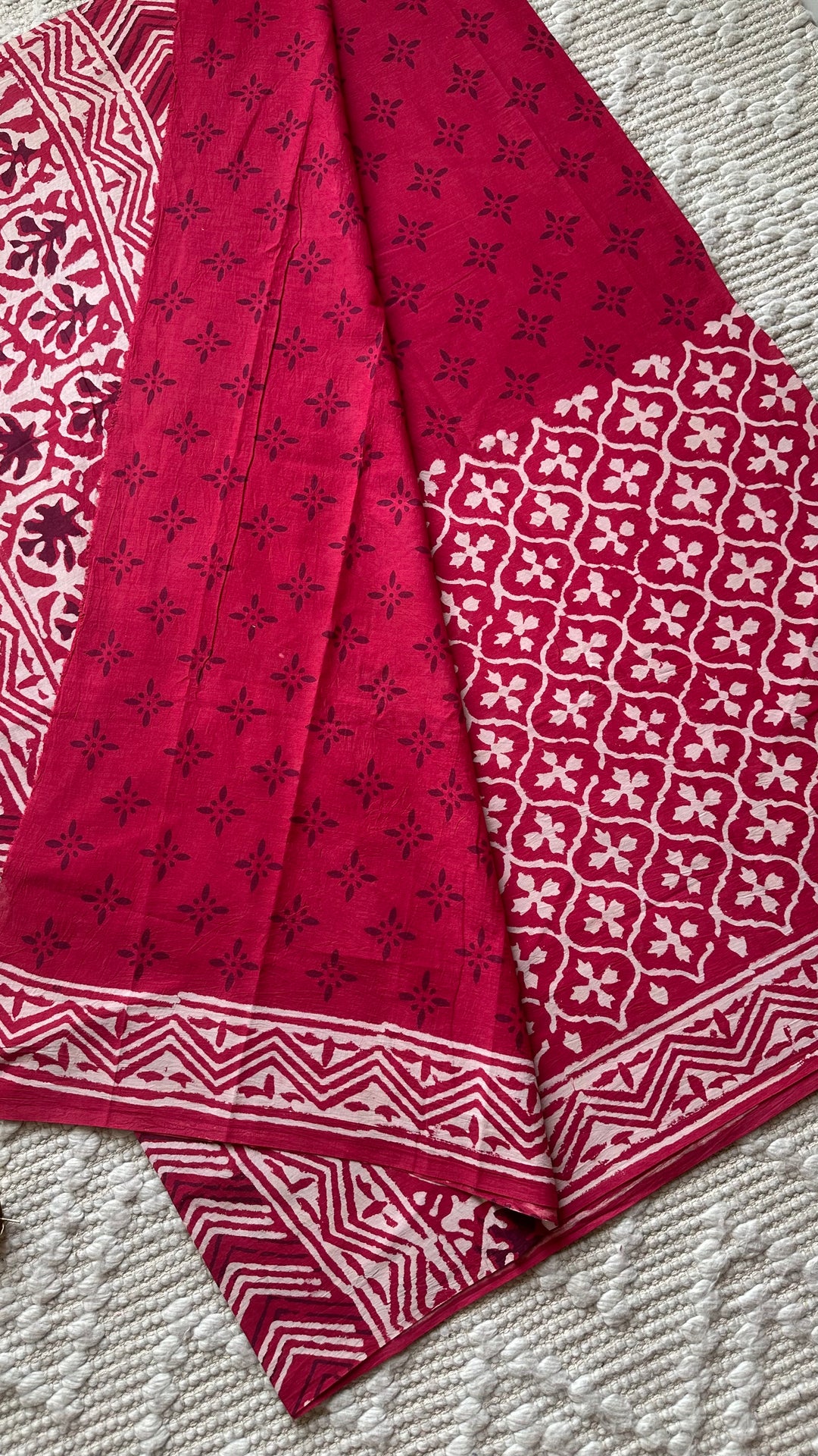 BAGRU HAND BLOCK PRINTED SOFT MULMUL COTTON SAREE- 096