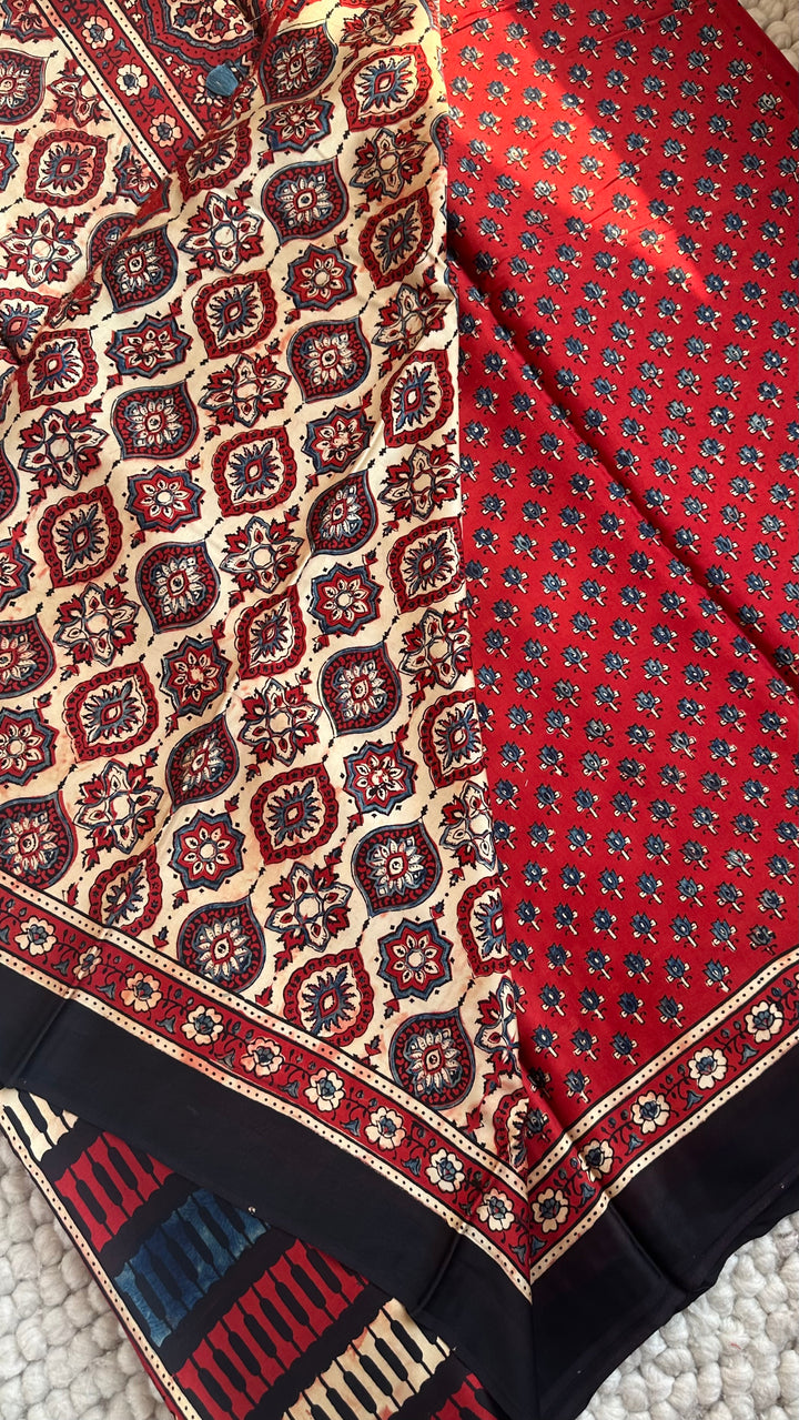 MADDER RED BLOOMS - PREMIUM HALF AND HALF AJRAKH HAND BLOCK PRINTED PREMIUM MODAL SILK SAREE