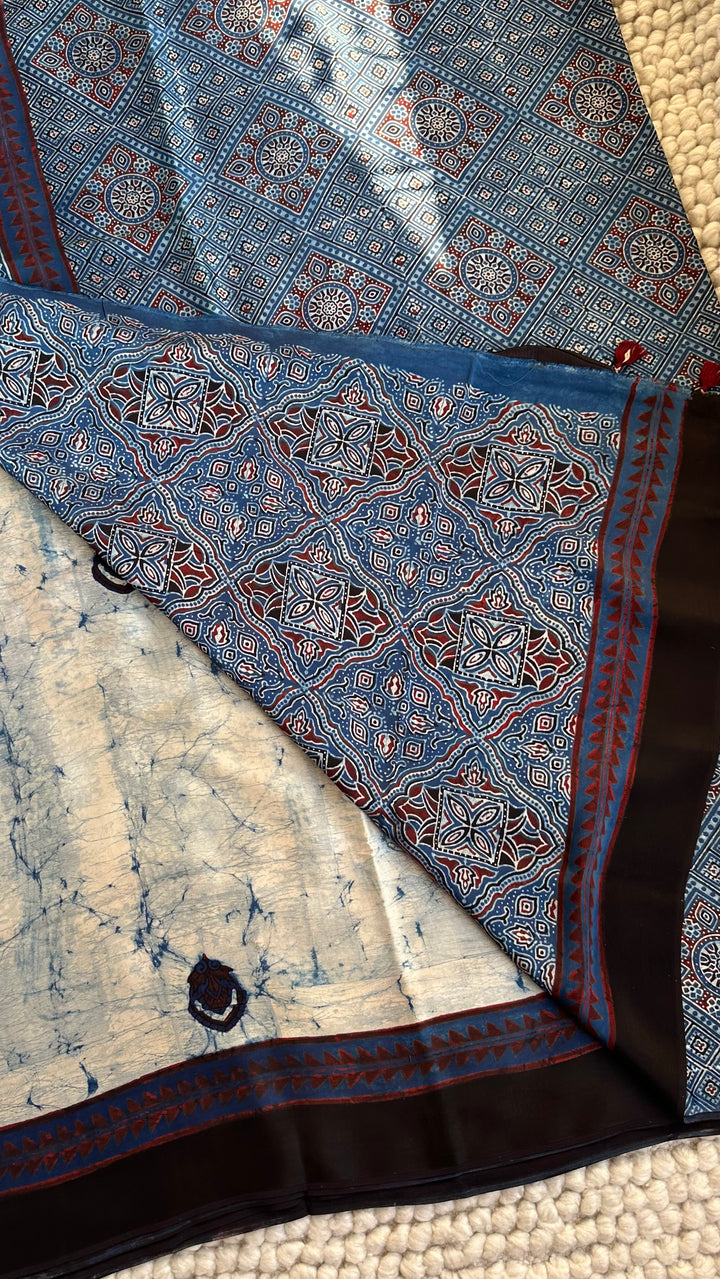 MARBLE INDIGO CHARMS  - AJRAKH HAND BLOCK PRINTED PREMIUM MODAL SILK SAREE