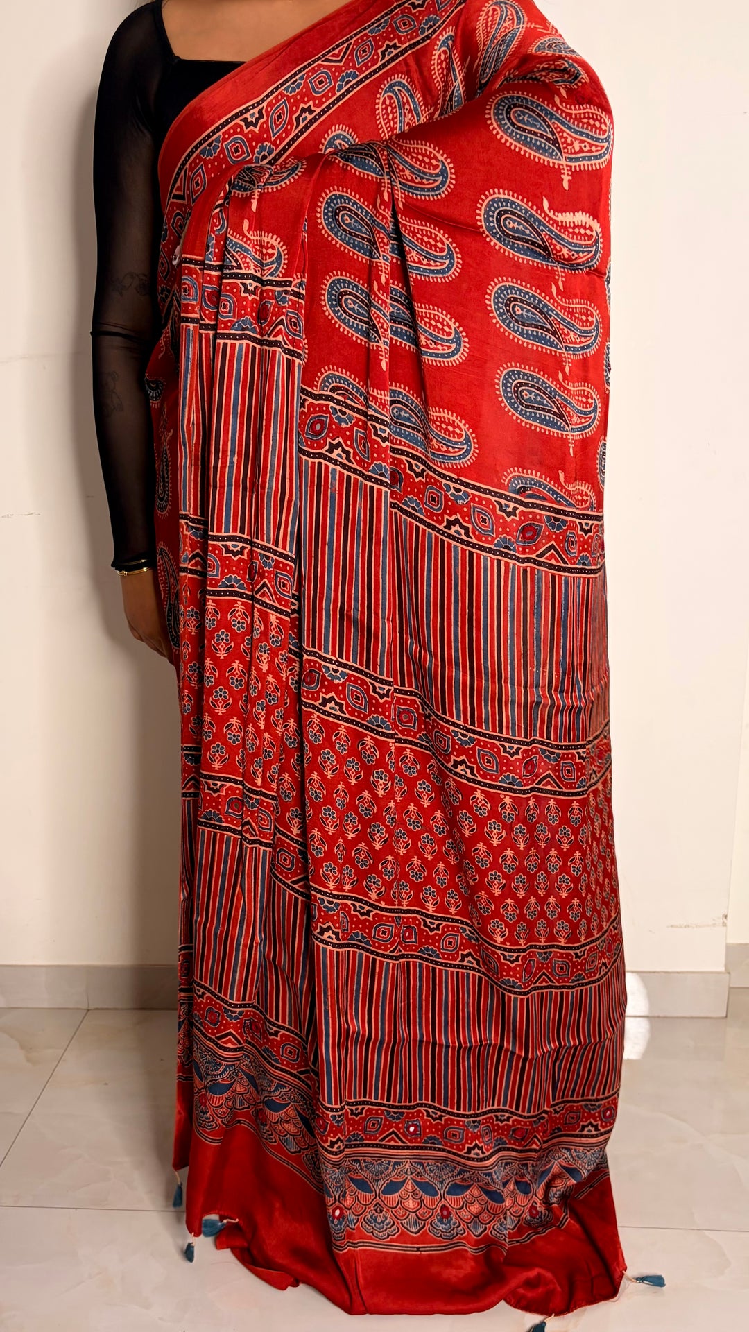 HEER - AJRAKH MADDER RED HAND BLOCK PRINTED PREMIUM MODAL SILK SAREE WITH MINIMAL MIRROR HAND-EMBROIDERY