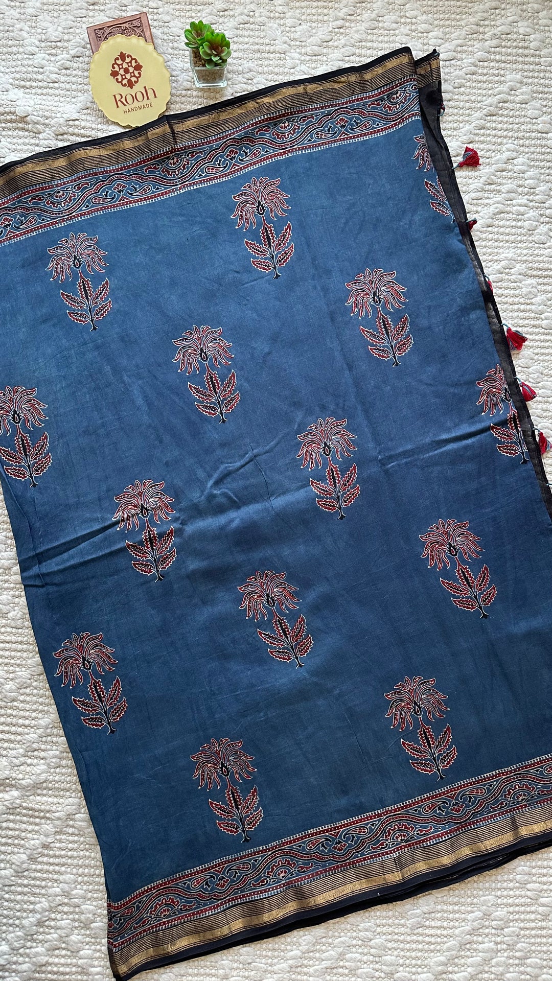 INDIGO BLOSSOMS - AJRAKH HAND BLOCK PRINTED SILK COTTON SAREE