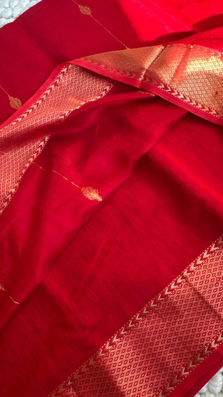 VERMILLION RED - SUPER PREMIUM HANDWOVEN MAHESHWARI PURE SILK COTTON SAREE