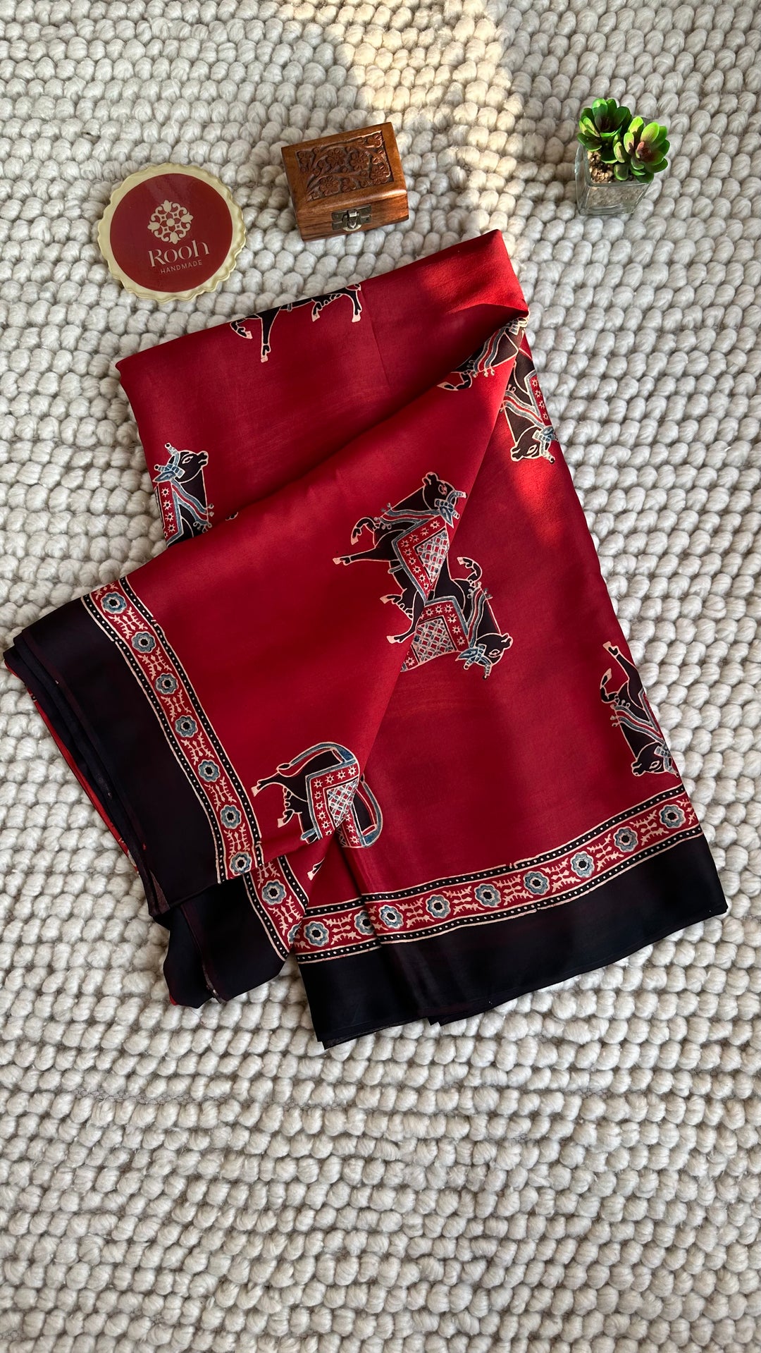 MADDER RED & BLACK PICHWAI NANDI - AJRAKH HAND BLOCK PRINTED PREMIUM MODAL SILK SAREE (AVAILABLE ON PRE-ORDER - DISPATCH TIME IS 30-35 DAYS)