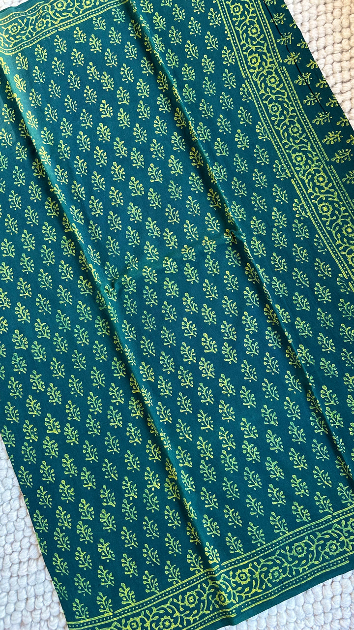 AKOLA INDIGO GREEN HAND BLOCK DABU PRINTED SOFT MULMUL COTTON SAREE- 033
