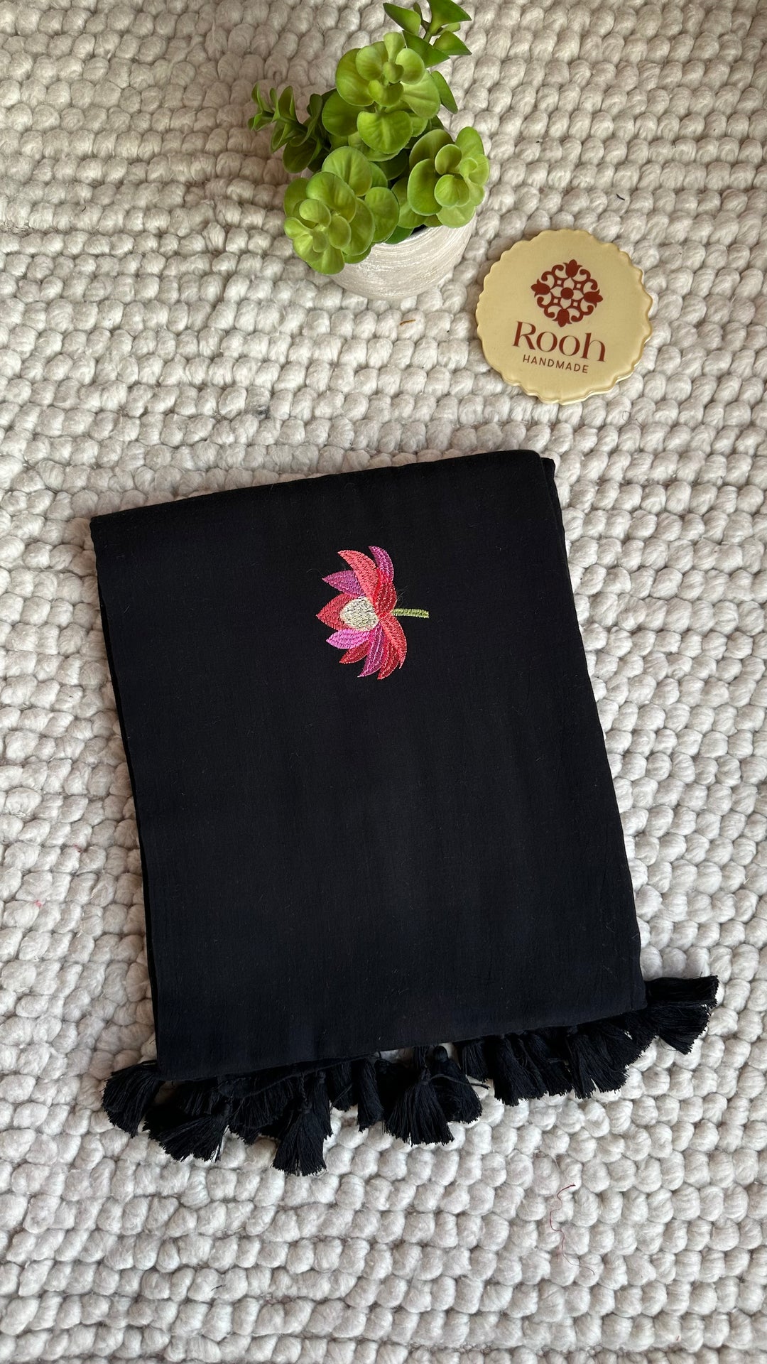 DEEP BLACK - LOTUS EMBROIDERED PURE SUPER SOFT MULMUL COTTON SAREE