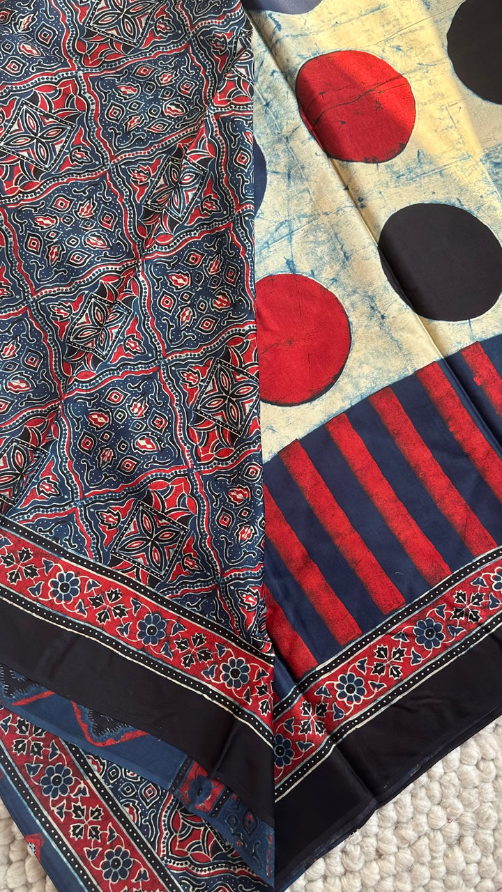 ABSTRACT DOTS & LINES - PREMIUM HALF AND HALF AJRAKH HAND BLOCK PRINTED PREMIUM MODAL SILK SAREE