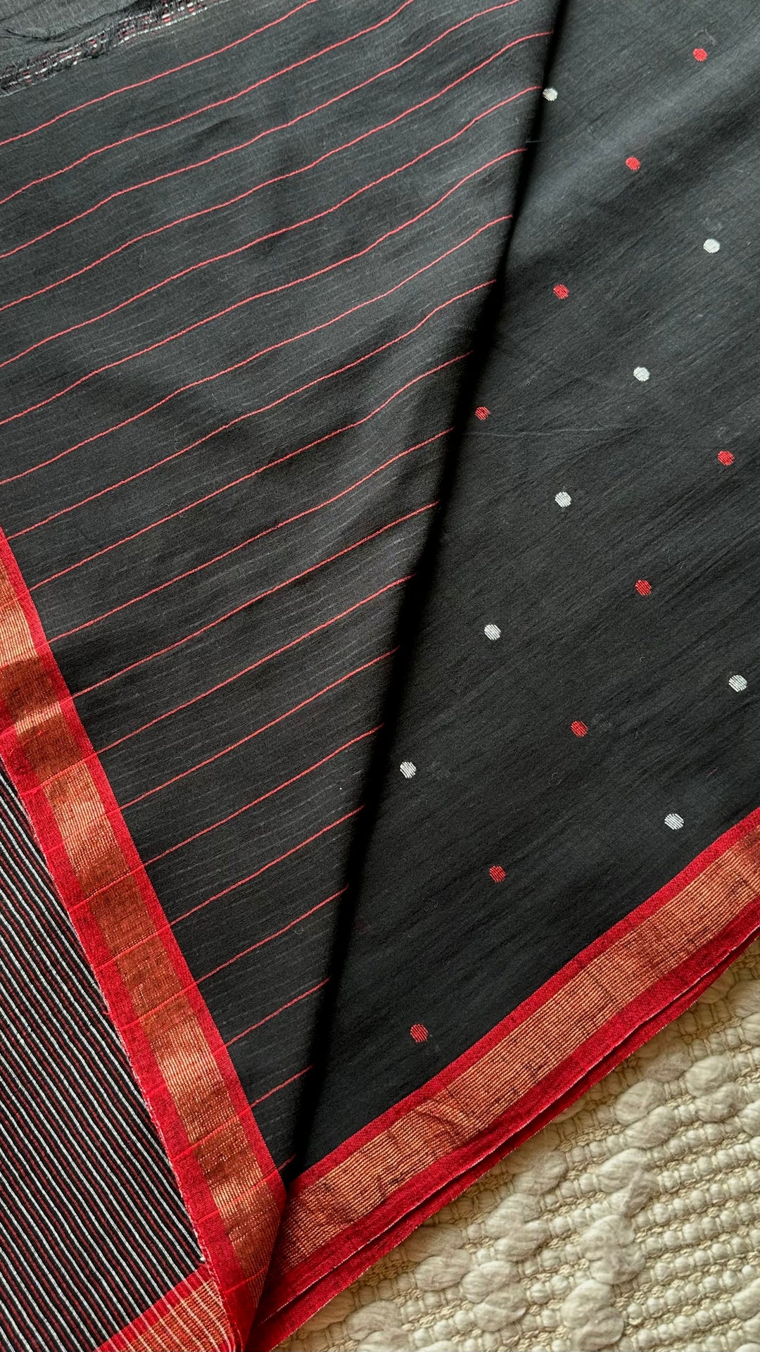 PREMIUM JAMDANI WEAVE HANDWOVEN AND HANDSPUN COTTON SAREE -  POLKA DOTS ON MIDNIGHT BLACK