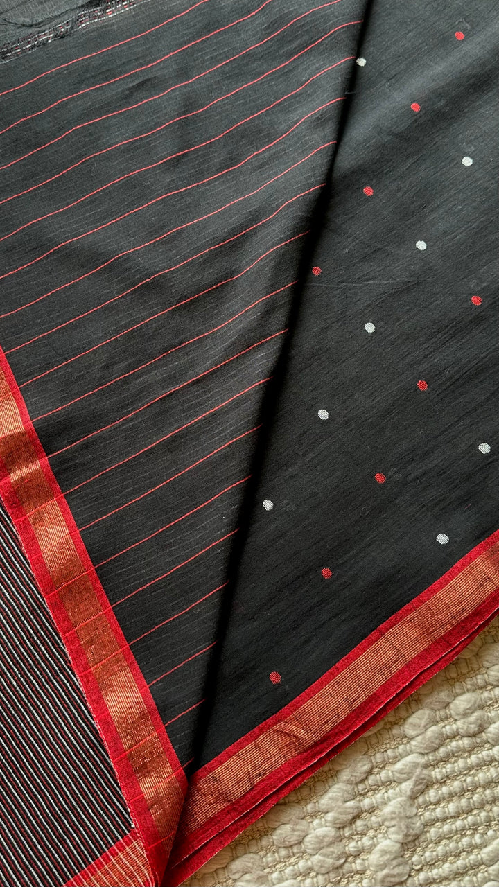 PREMIUM JAMDANI WEAVE HANDWOVEN AND HANDSPUN COTTON SAREE -  POLKA DOTS ON MIDNIGHT BLACK
