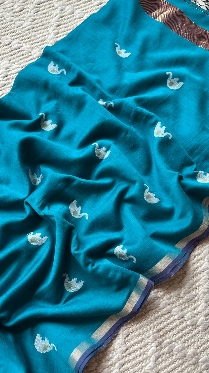 PREMIUM JAMDANI WEAVE HANDWOVEN PURE SILK BY PURE COTTON SAREE - TEAL BLUE