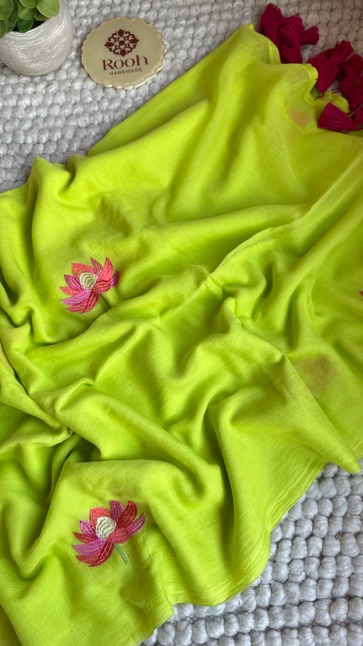 LEMON GREEN - LOTUS EMBROIDERED PURE SUPER SOFT MULMUL COTTON SAREE