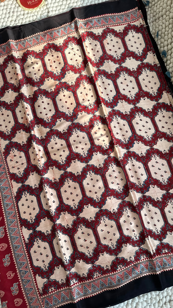 IVORY PANES - AJRAKH HAND BLOCK PRINTED PREMIUM MODAL SILK SAREE