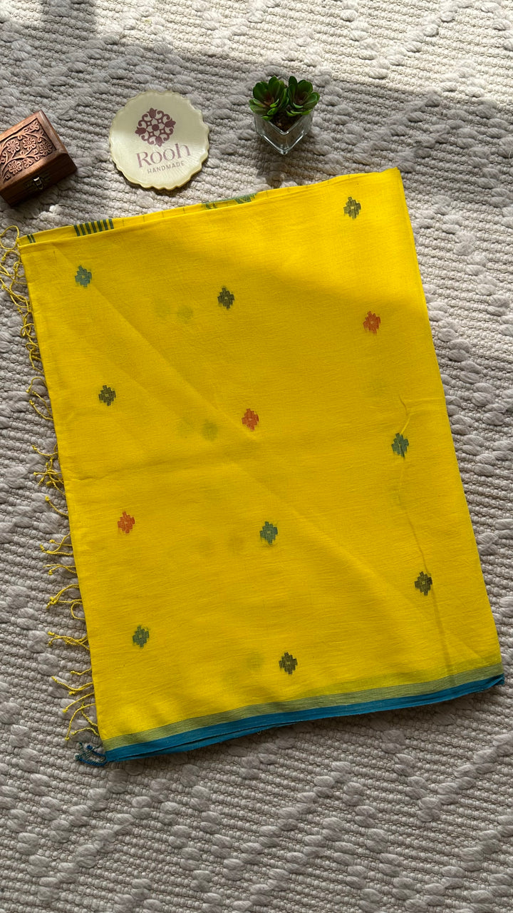 PREMIUM JAMDANI WEAVE HANDWOVEN AND HANDSPUN COTTON SAREE -  FRESH LEMON YELLOW