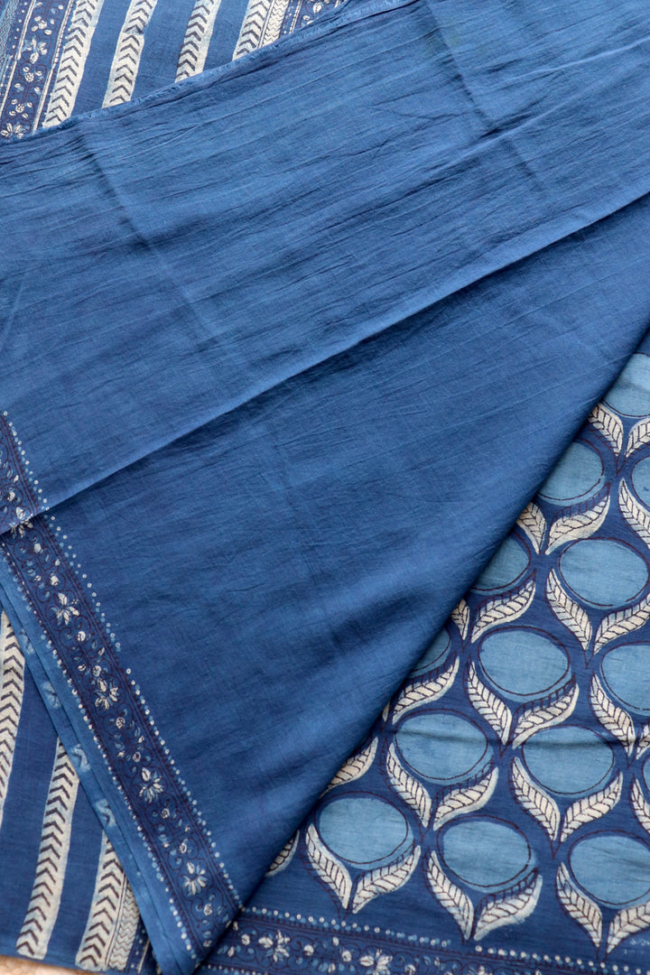 AKOLA INDIGO HAND BLOCK DABU PRINTED SOFT MULMUL COTTON SAREE- 020