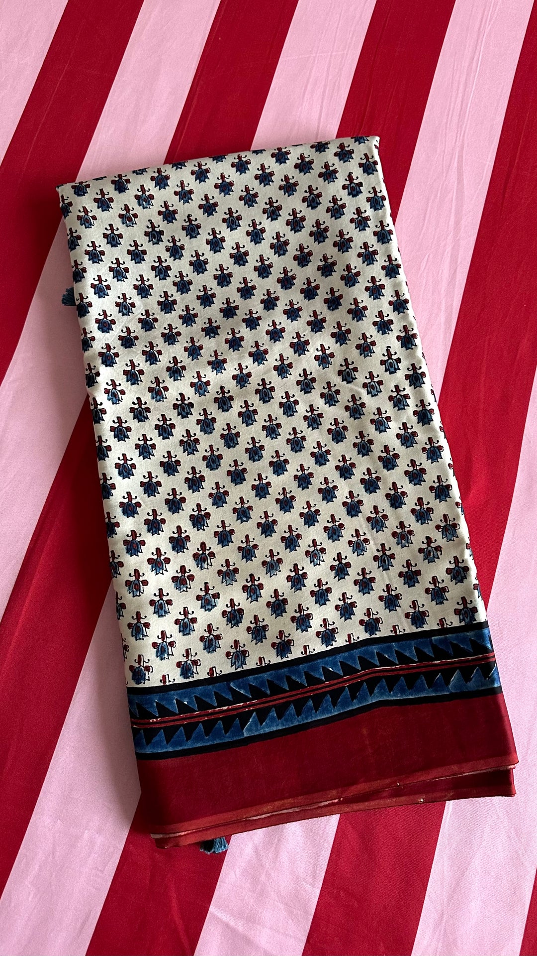 KIARA - IVORY AND MADDER RED AJRAKH HAND BLOCK PRINTED PREMIUM MODAL SILK SAREE