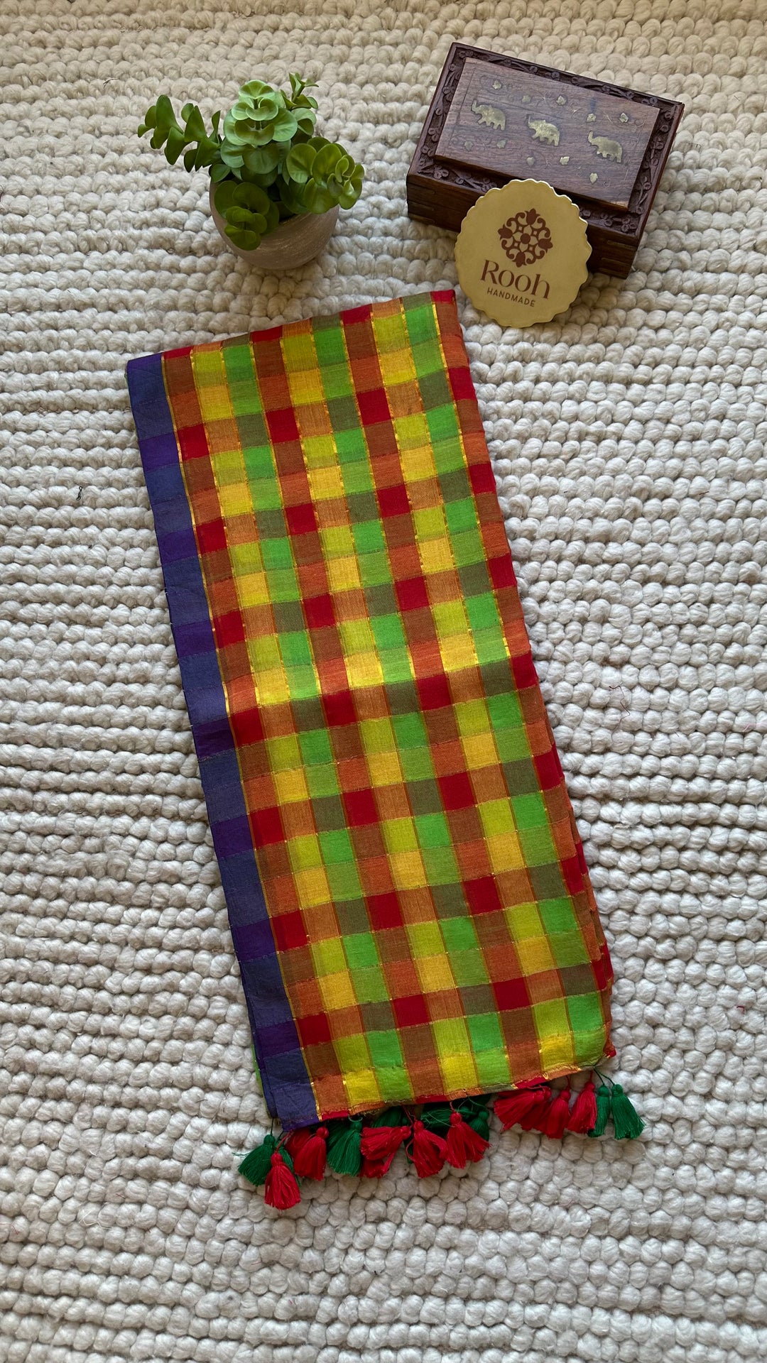 HANDWOVEN MULTICOLOUR ZARI CHECKS PURE MULMUL COTTON SAREE - 014
