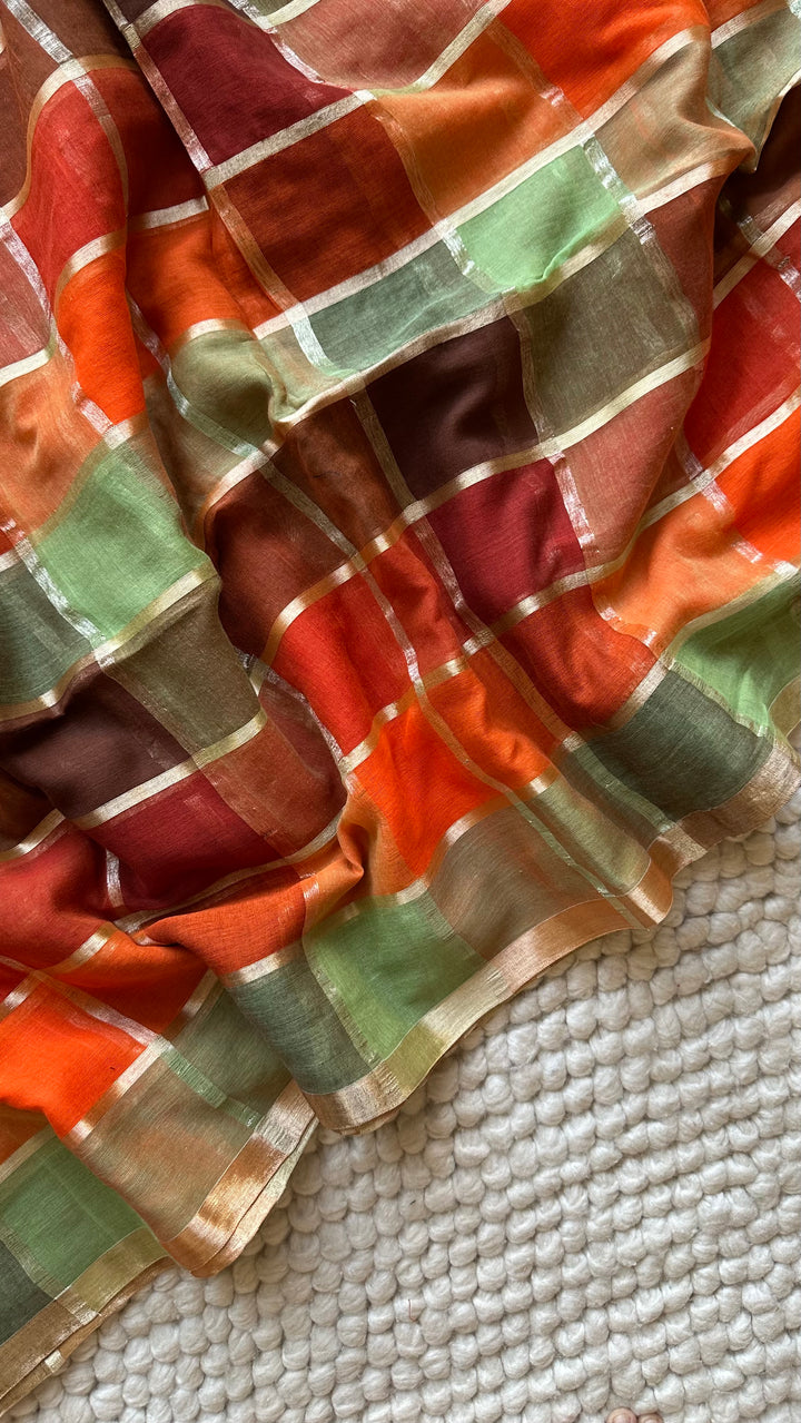 HANDWOVEN MULTICOLOUR CHECKERED MULMUL COTTON SAREE - 02 (DISPATCH TIME - 5 TO 7 DAYS)