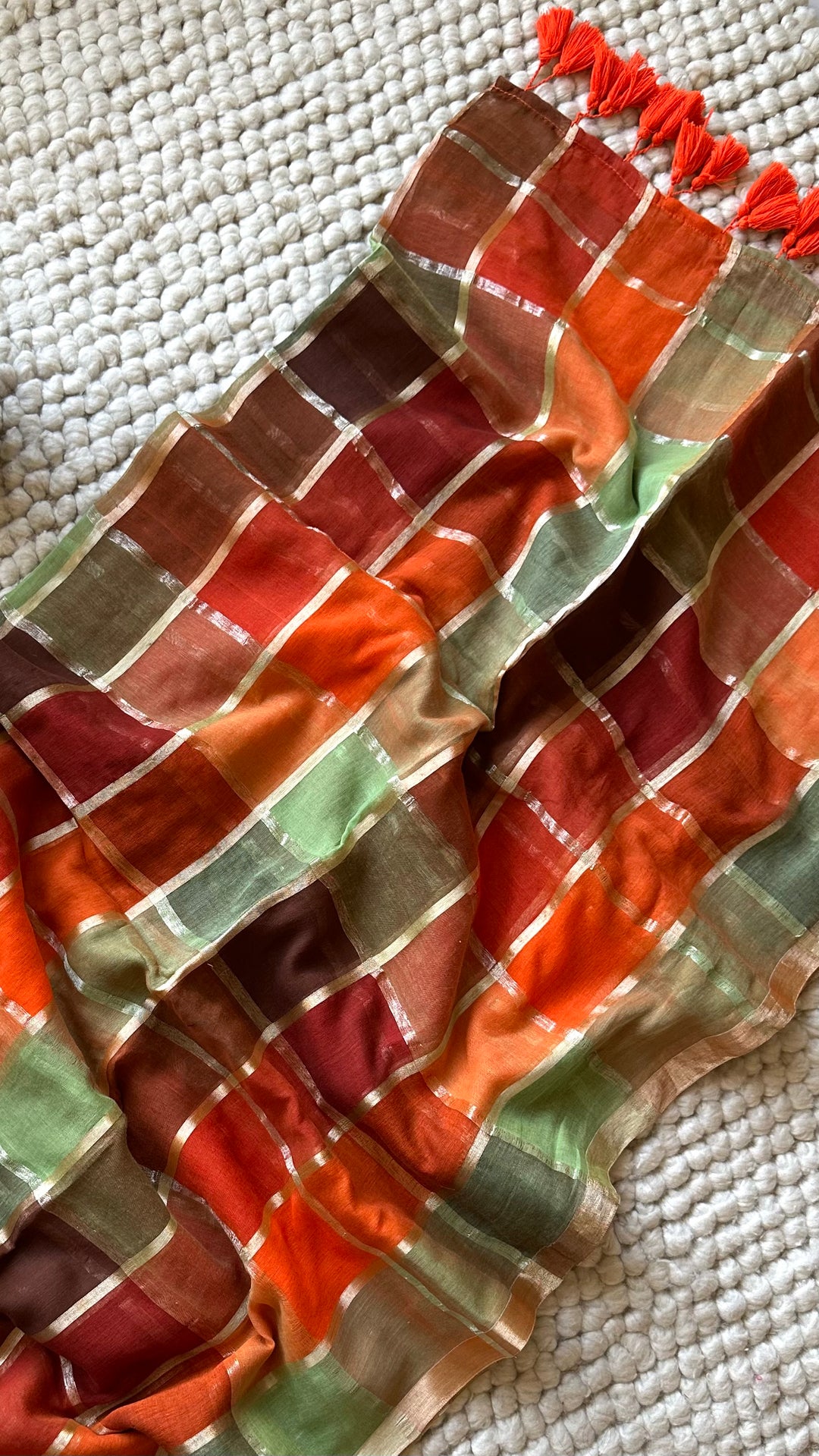 HANDWOVEN MULTICOLOUR CHECKERED MULMUL COTTON SAREE - 02 (DISPATCH TIME - 5 TO 7 DAYS)