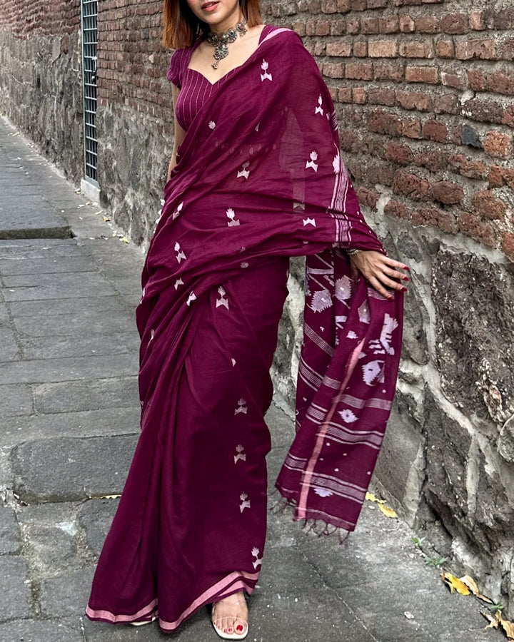 PREMIUM JAMDANI WEAVE HANDWOVEN AND HANDSPUN COTTON SAREE - BURGUNDY WINE