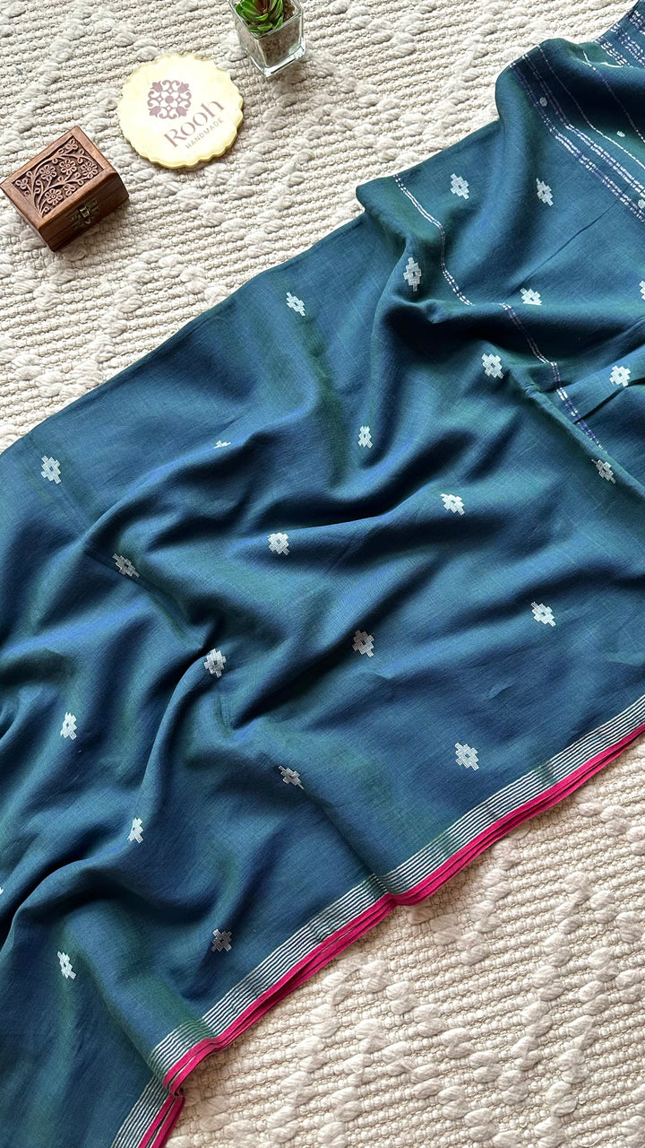 PREMIUM JAMDANI WEAVE HANDWOVEN AND HANDSPUN COTTON SAREE - PEACOCK BLUE