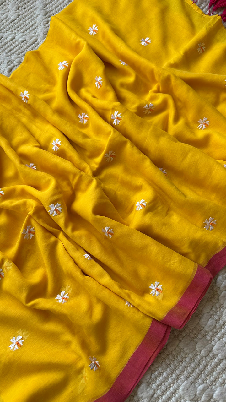SHIULI - SUNSHINE YELLOW WITH PINK BORDER SUPER SOFT MUL COTTON SAREE (DISPATCH TIME - 7 TO 10 DAYS)