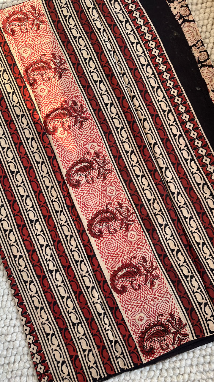 VANIKA - FLORAL BAGRU HAND BLOCK PRINTED SOFT MULMUL COTTON SAREE