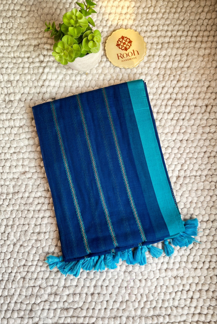 NAVI BLUE ZARI LINES PURE SUPER SOFT MULMUL COTTON SAREE - 019