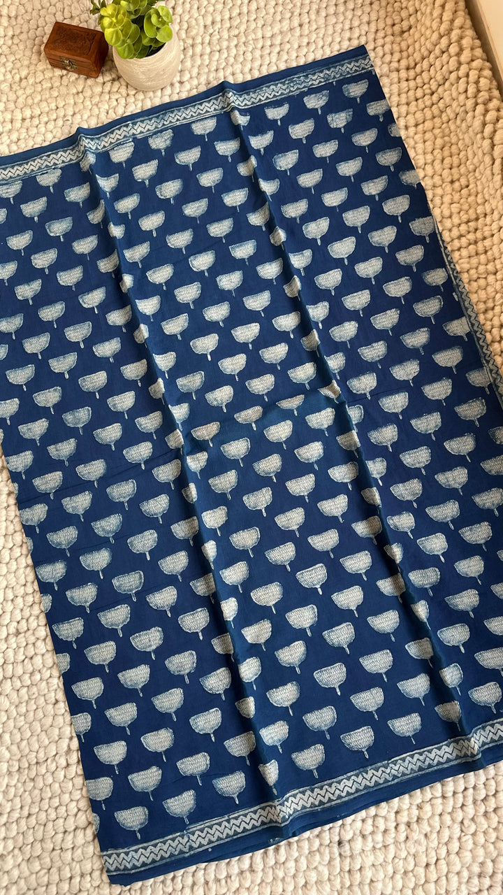 AKOLA INDIGO HAND BLOCK DABU PRINTED SOFT MULMUL COTTON SAREE- 029