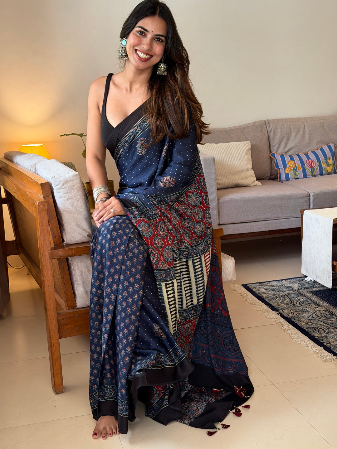 INDIGO BLOOMS - PREMIUM HALF AND HALF AJRAKH HAND BLOCK PRINTED PREMIUM MODAL SILK SAREE