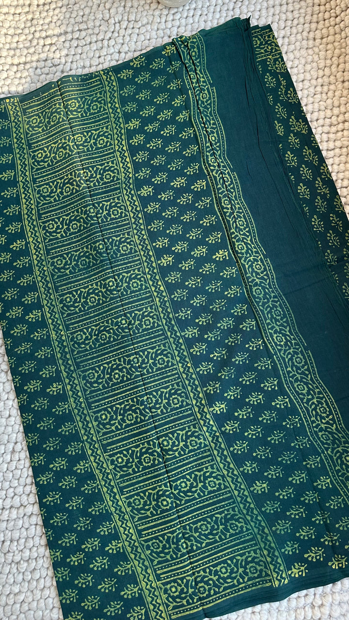 AKOLA INDIGO GREEN HAND BLOCK DABU PRINTED SOFT MULMUL COTTON SAREE- 033