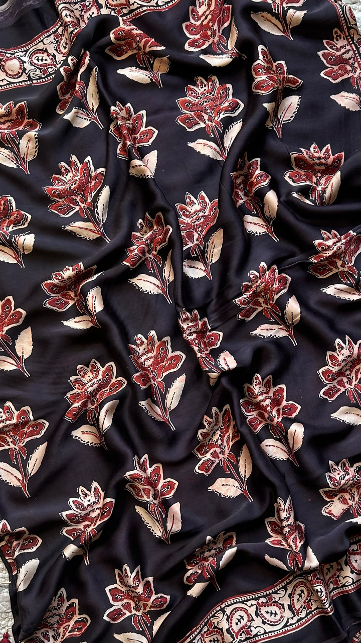 BLOSSOMS ON MIDNIGHT BLACK- SUPER PREMIUM & BUTTERY SOFT AJRAKH HAND BLOCK PRINTED MODAL SILK SAREE