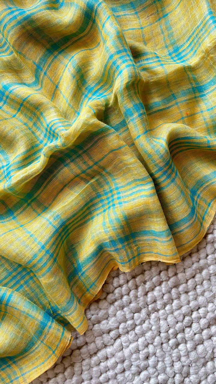 Multi Colour Checked Pure Handwoven Linen Saree - 005