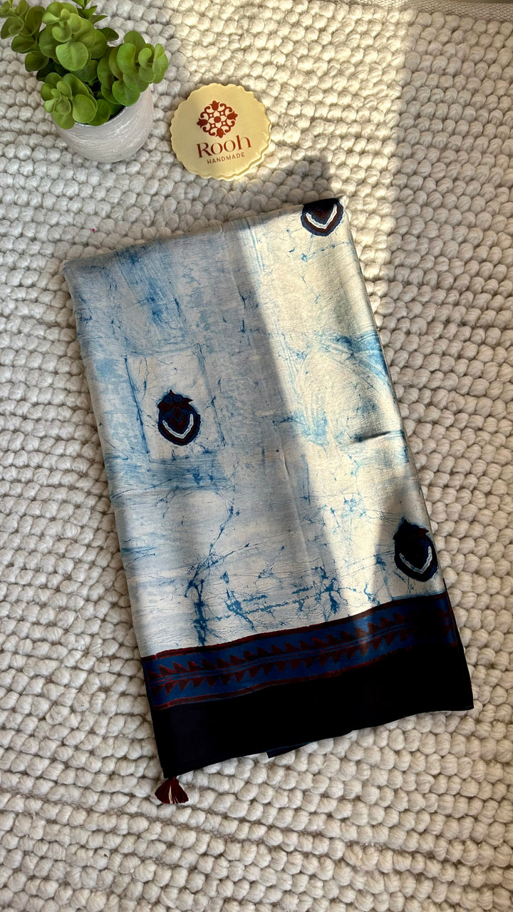 MARBLE INDIGO CHARMS  - AJRAKH HAND BLOCK PRINTED PREMIUM MODAL SILK SAREE
