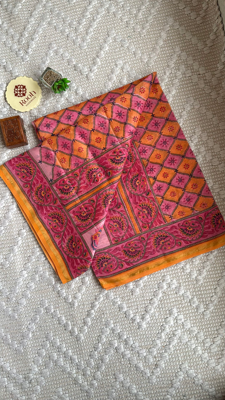 SANGANERI HAND BLOCK PRINTED SILK COTTON SAREE- 007