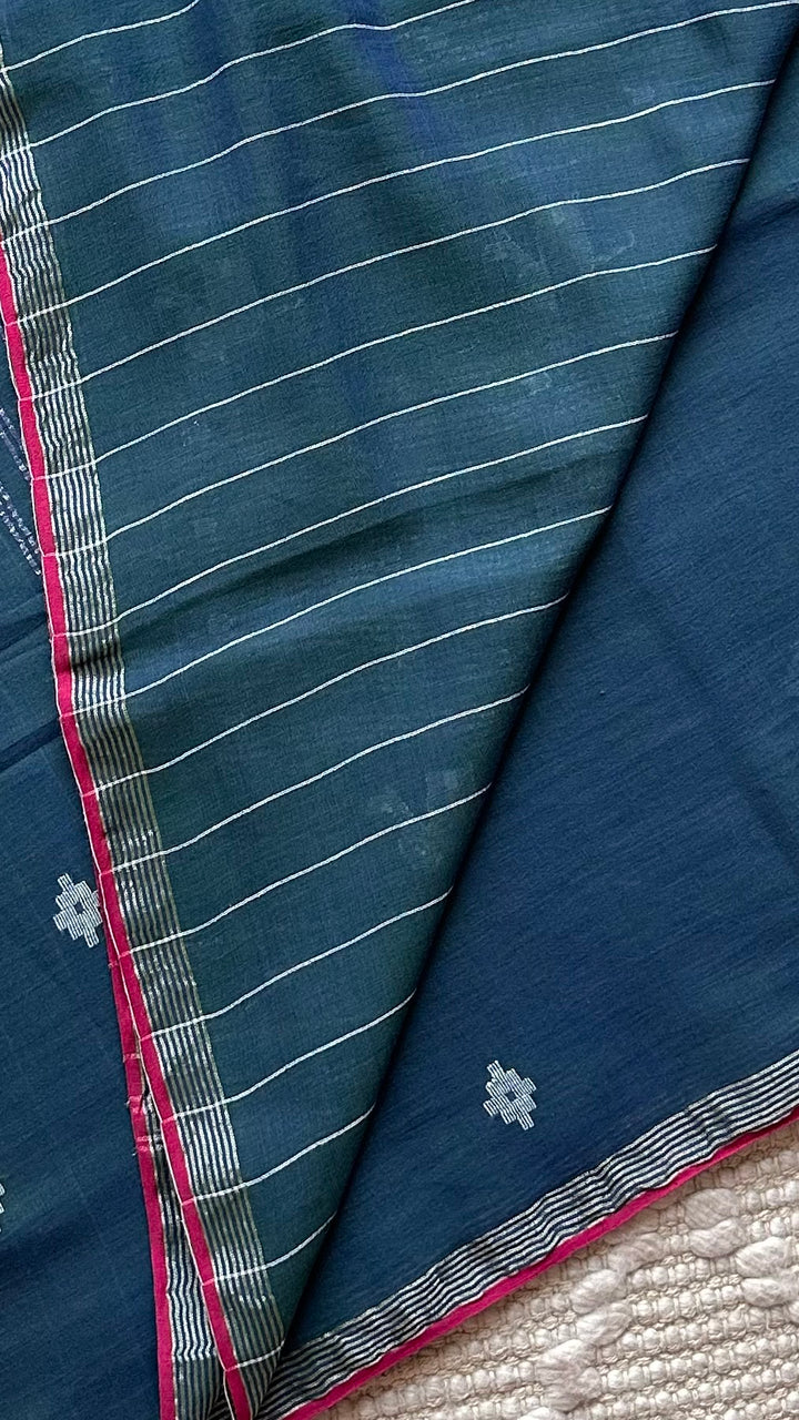 PREMIUM JAMDANI WEAVE HANDWOVEN AND HANDSPUN COTTON SAREE - PEACOCK BLUE