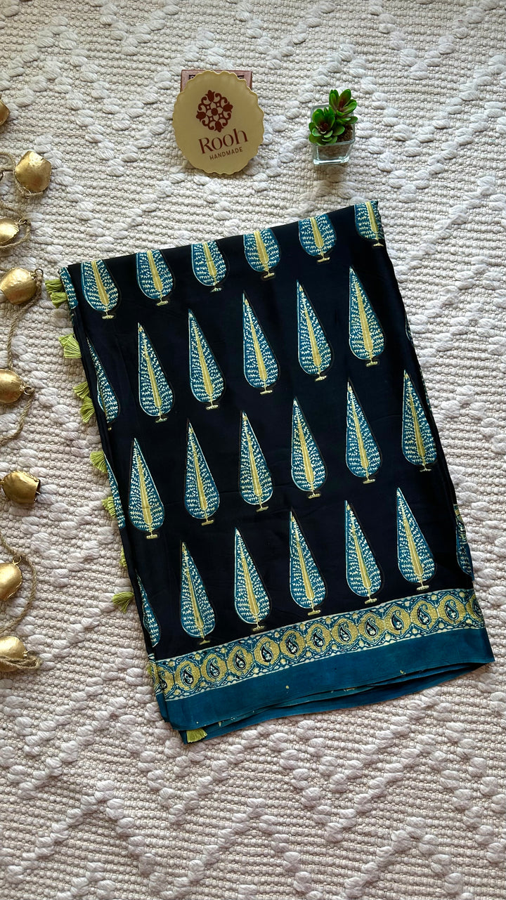 MIDNIGHT PINES - SUPER PREMIUM & BUTTERY SOFT AJRAKH HAND BLOCK PRINTED MODAL SILK SAREE
