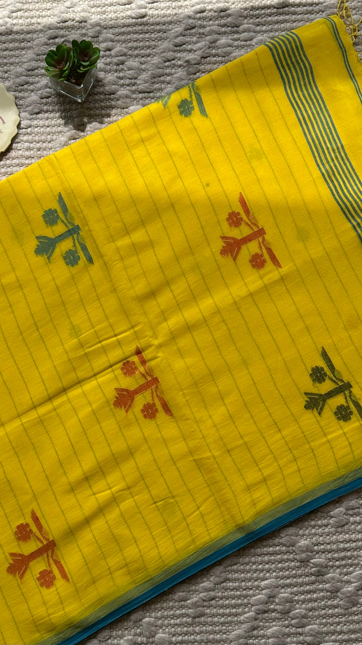 PREMIUM JAMDANI WEAVE HANDWOVEN AND HANDSPUN COTTON SAREE -  FRESH LEMON YELLOW