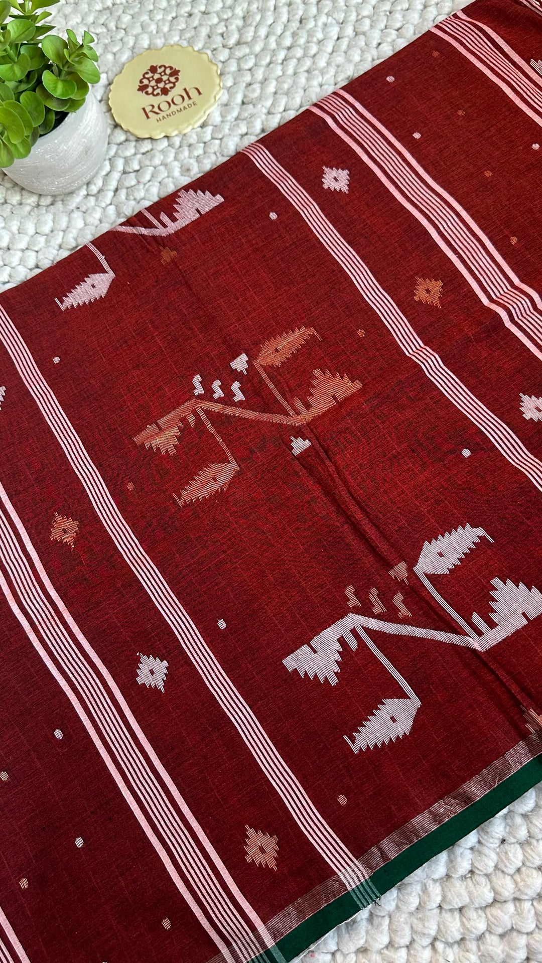 PREMIUM NEEDLE WORK JAMDANI HANDWOVEN AND HANDSPUN COTTON SAREE - RUST BROWN