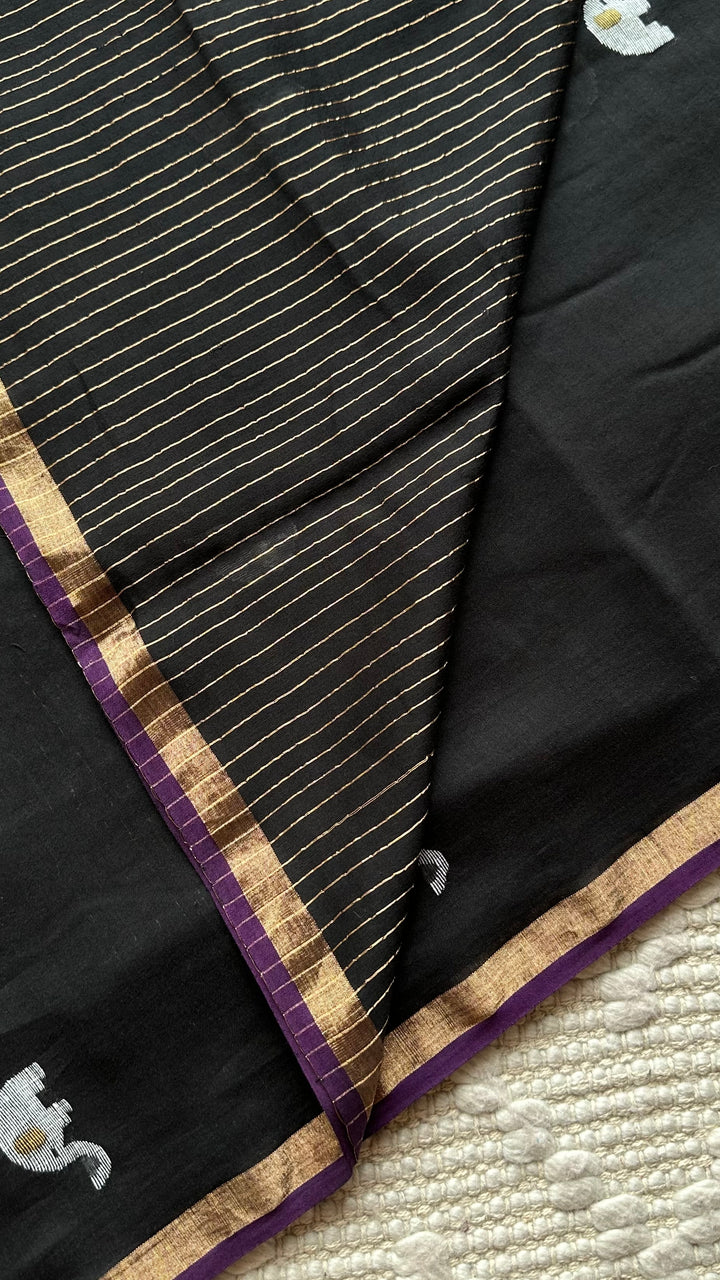 PREMIUM JAMDANI WEAVE HANDWOVEN PURE SILK BY PURE COTTON SAREE - OXFORD BLACK