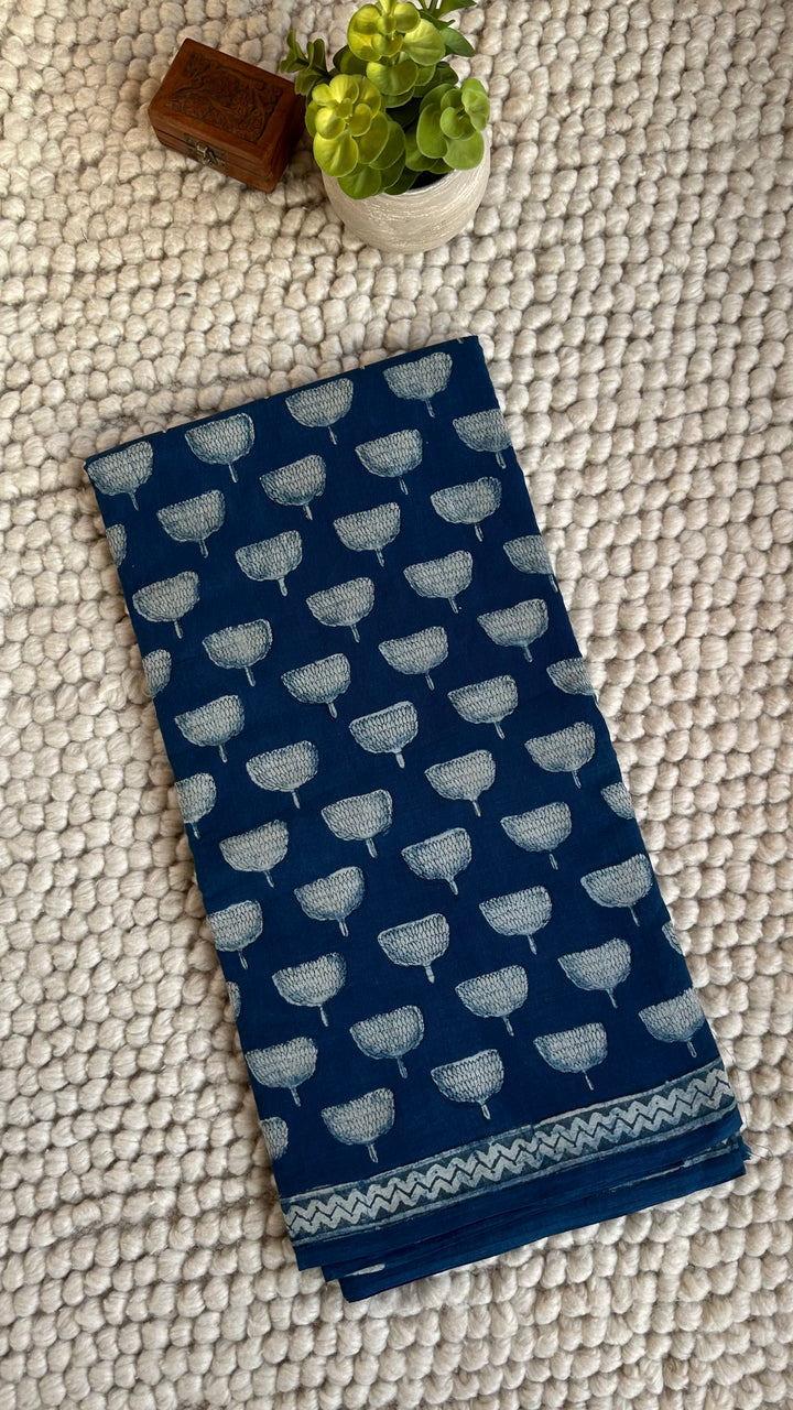 AKOLA INDIGO HAND BLOCK DABU PRINTED SOFT MULMUL COTTON SAREE- 029