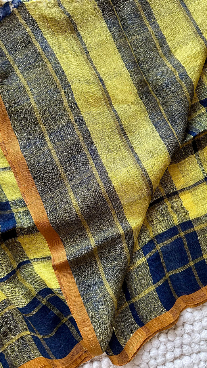 Multi Colour Checked Pure Handwoven Linen Saree - 010